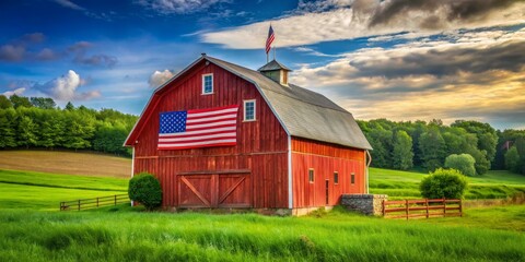 Obraz premium Patriotic Red Barn Under a Cloudy Sky, barn, american flag, farm, country, rural