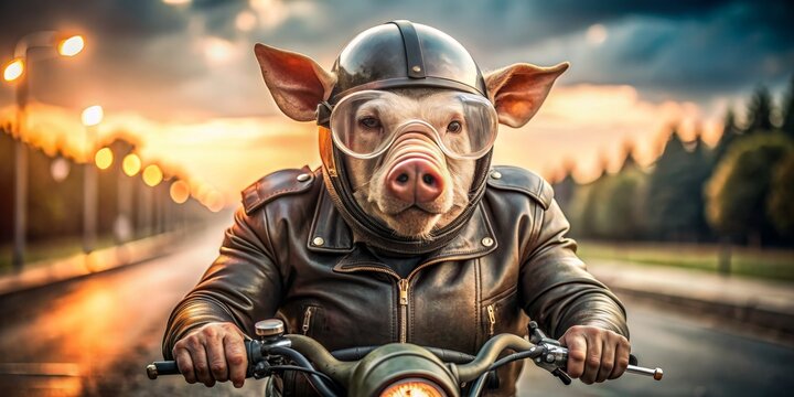 Piggyback Rider A Pig in a Helmet and Leather Jacket Riding a Motorcycle, Digital Art, Pig, Motorcycle