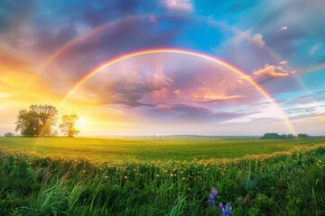 Naklejka premium Double rainbow over green field.