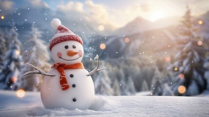 Fototapeta premium A cheerful snowman wearing a red scarf and a hat, standing in a snowy landscape with sunlight illuminating the snow. The background features a winter mountain scene with soft bokeh effects. Concept