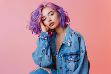 Photo of a fashion model posing, wearing a blue denim jacket and jeans with purple hair and sunglasses on a pink background, in the style of a copy space concept, in a studio shot