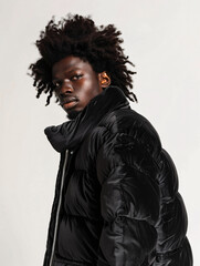 Obraz premium fashion studio photo of an afro american man wearing black velvet jacket, posing on grey background, low angle view from below, hands in pockets,