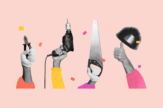 Creative drawing collage picture of hands builders hold tools repairman constructor renovation weird freak bizarre unusual fantasy