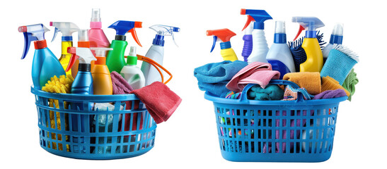 Organized Cleaning Kits, Baskets of cleaning supplies and cloths, Tidy household tools on a transparent background.
