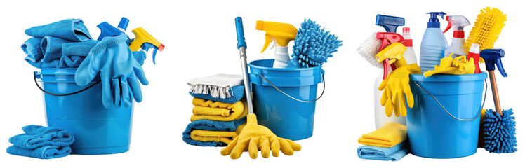 Cleaning Supplies Variety, Blue buckets filled with gloves and cloths, Household cleaning essentials on a transparent background.