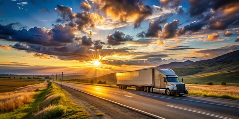 Obraz premium Semi Truck on a Winding Road at Sunset, truck, sunset, transportation, road trip