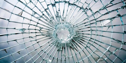 Naklejka premium Shattered Glass with Circular Crack, Macro Photography, Broken Window, Glass Texture, Abstract Pattern, shattered, broken, glass, texture, abstract