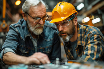 Seasoned mentor guides a younger apprentice wearing a hardhat and safety glasses, as they collaborate on a project in a bustling workshop