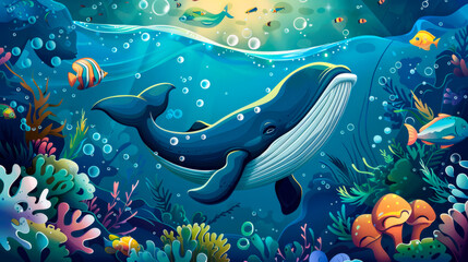 Fototapeta premium Cartoon whale in the sea, playful, creative scenery for children poster.