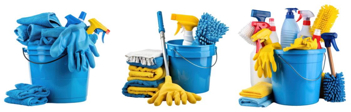 Cleaning Supplies Variety, Blue buckets filled with gloves and cloths, Household cleaning essentials on a transparent background.