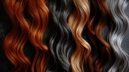View of four wig options for women showing off their long wavy hair in various shades of blonde, red and russet. The image highlights the texture and color variations.