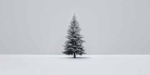 Solitary Pine Tree in Snowy Landscape.