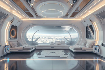 Obraz premium Futuristic white spaceship interior with a view of a planet, perfect for sci-fi and space travel concepts 