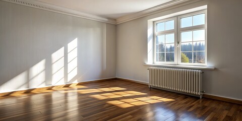 Fototapeta premium Sunlight Streaming Through Window in Empty Room, Interior Design, Sunlight, Empty Room, Minimalist Design