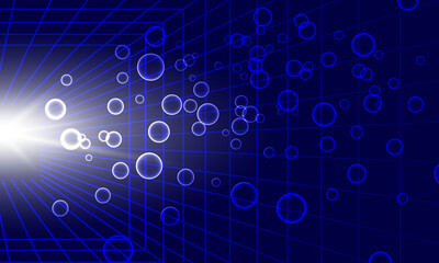 dark blue abstract background with perspective grid and transparent bubbles. bright light.