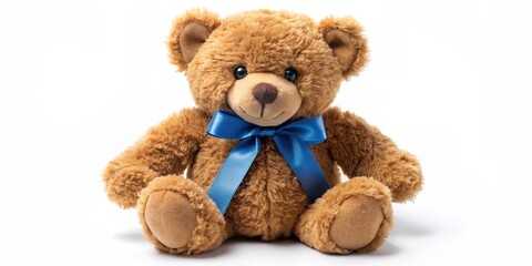 Obraz premium Teddy Bear with Blue Bow Isolated on White Background, teddy bear, stuffed animal, plush toy, childhood