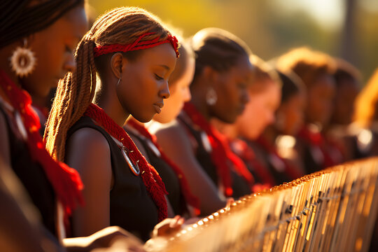 African women in red and black traditional clothing play musical instruments, showcasing cultural heritage and artistry 
