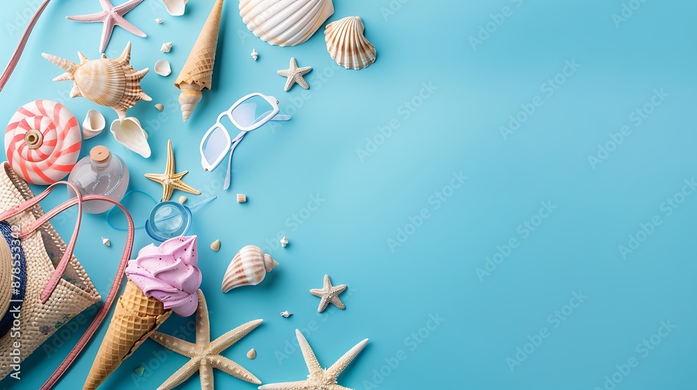 Poster Seashells and Starfish on a Sandy Beach