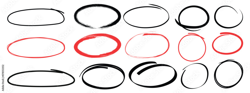 Wall mural hand drawn circle highlighter line sketch set. red circle, pen draw. vector marker circular lines, d