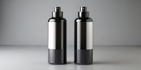 Two Black Spray Bottles with Blank Labels, 3D Rendering, Mockup, Design, Packaging, product mockup, label design, spray bottle, black bottle