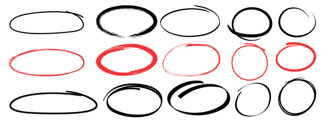 Hand drawn circle highlighter line sketch set. Red circle, pen draw. Vector marker circular lines, doodle round circles for message note mark design element. Different circles vector illustration.