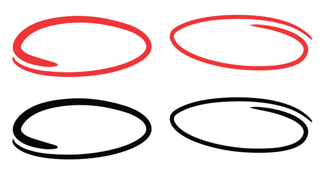 Hand drawn circle highlighter line sketch set. Red circle, pen draw. Vector marker circular lines, doodle round circles for message note mark design element. Different circles vector illustration.