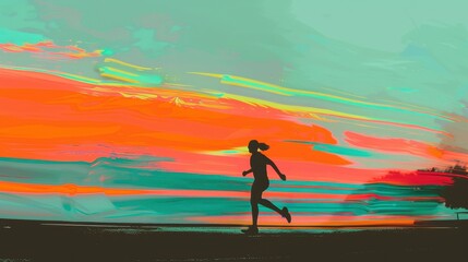 Silhouette of a person jogging in a park, energetic and vibrant with bright, dynamic lines