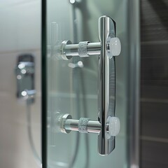 Naklejka premium A plastic handle on the bathroom shower glass with an impeccable finish captured in close-up. Bathroom handle in an elegant and timeless design.