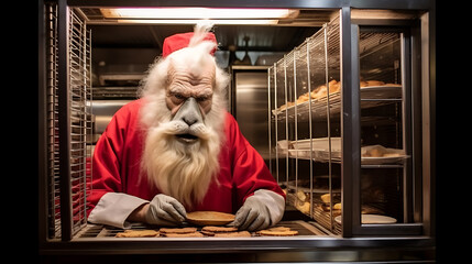 A humorous Santa Claus in red and white, baking cookies, evoking Christmas cheer and festive baking 
