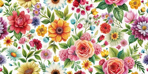 Watercolor Floral Seamless Pattern with Vibrant Roses, Sunflowers and Daisies,  floral print, botanical illustration,  floral design, summer flowers