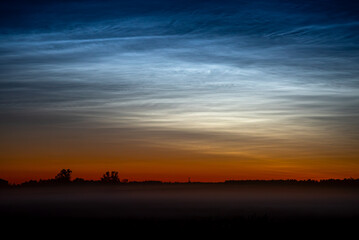 silver clouds in the meadow at night with fog in the field