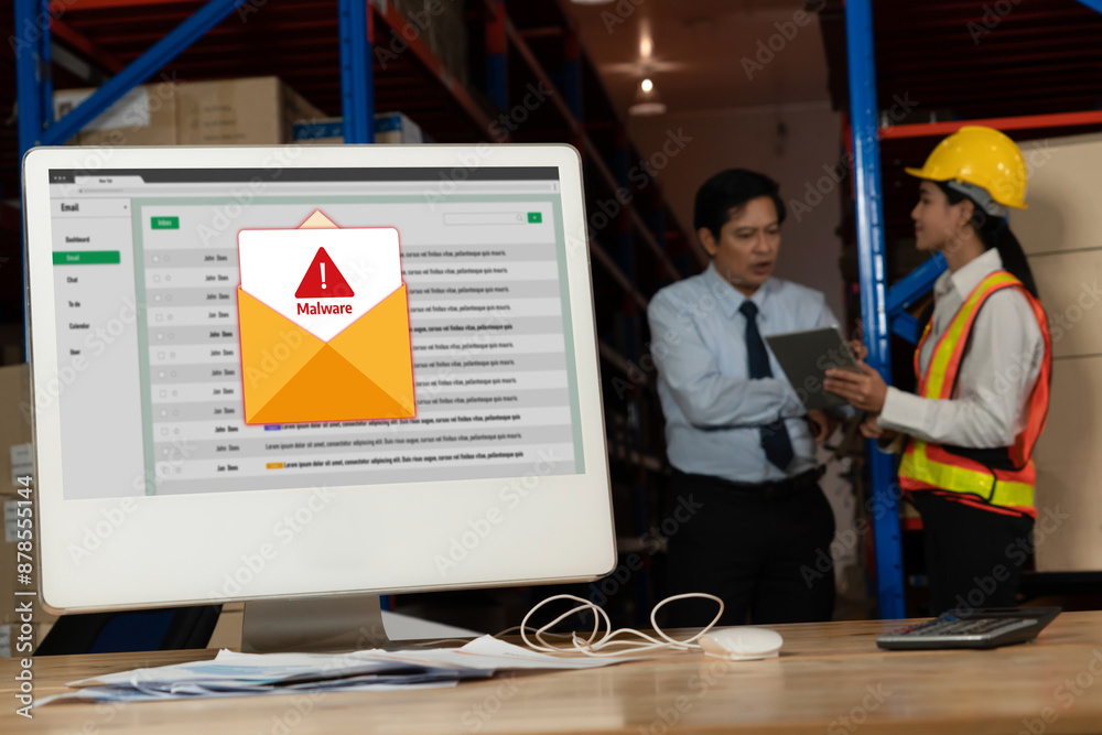 Poster cyber attacking concept. malware alert showing on computer screen display scam and threat detection 