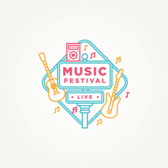 Fototapeta premium simple modern street sign live music festival with music instruments line art badge icon logo vector illustration design