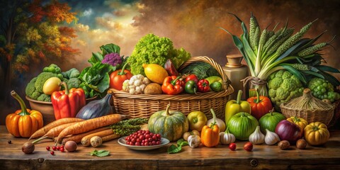 A Bountiful Harvest Still Life  A Colorful Arrangement of Fresh Vegetables and Fruits in a Basket with a Rustic Background, Still Life,  Vegetables,  Fruit,  Autumn Harvest