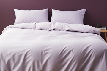 A crisp white bedding set, with soft lavender hues, creates a serene and inviting bedroom atmosphere, perfect for a restful night's sleep 
