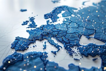 A blue map of Europe with a lot of dots on it