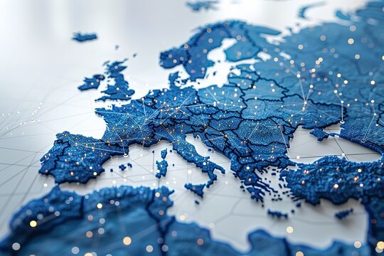 Fototapeta A blue map of Europe with a lot of dots on it