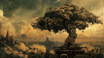  Wood, tree, nature, art, vintage background, products, enginer, generative, ai, steampunk, clock background, mechanical, pink, gold, gear, clock, movement,