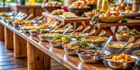 Fototapeta premium A Buffet Spread of Delicious Dishes in Silver and Wooden Bowls, Buffet, Food, Catering, Restaurant