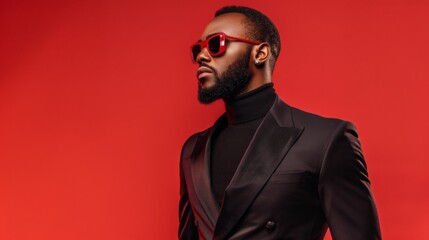 Fototapeta premium A man in a black suit and sunglasses poses against a red backdrop