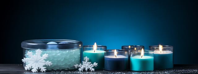 Blue and white candles and snowflakes create a calming winter ambiance for relaxation 
