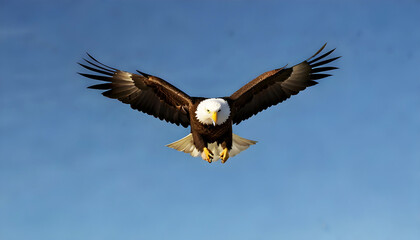 Fototapeta premium A bald eagle soaring low to the ground landscape