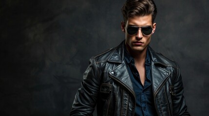 Fototapeta premium A man in a black leather jacket and sunglasses stands against a dark backdrop