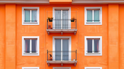 Orange building with white windows and balconies, a minimalist design, evoking a sense of calm and tranquility, perfect for a modern home decor project 
