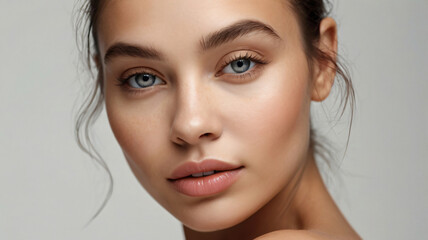 Naklejka premium Close-up photo of beautiful model face with shiny young perfect skin. Beauty makeup commercial cover