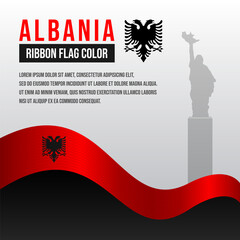 Albania ribbon flag with Mother Albania Monument silhouette and decoration