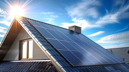 Fototapeta premium House Roof With Solar Panels And Clear Blue Sky