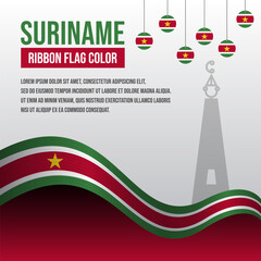 Suriname ribbon flag with Moiwana Monument silhouette and decoration