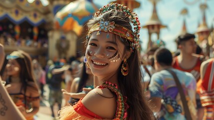 Obraz premium Smiling Woman in Colorful Festive Attire at a Night Market