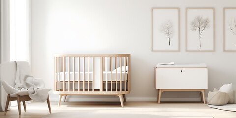 Minimalist nursery with white and wood furniture, perfect for a new baby 
